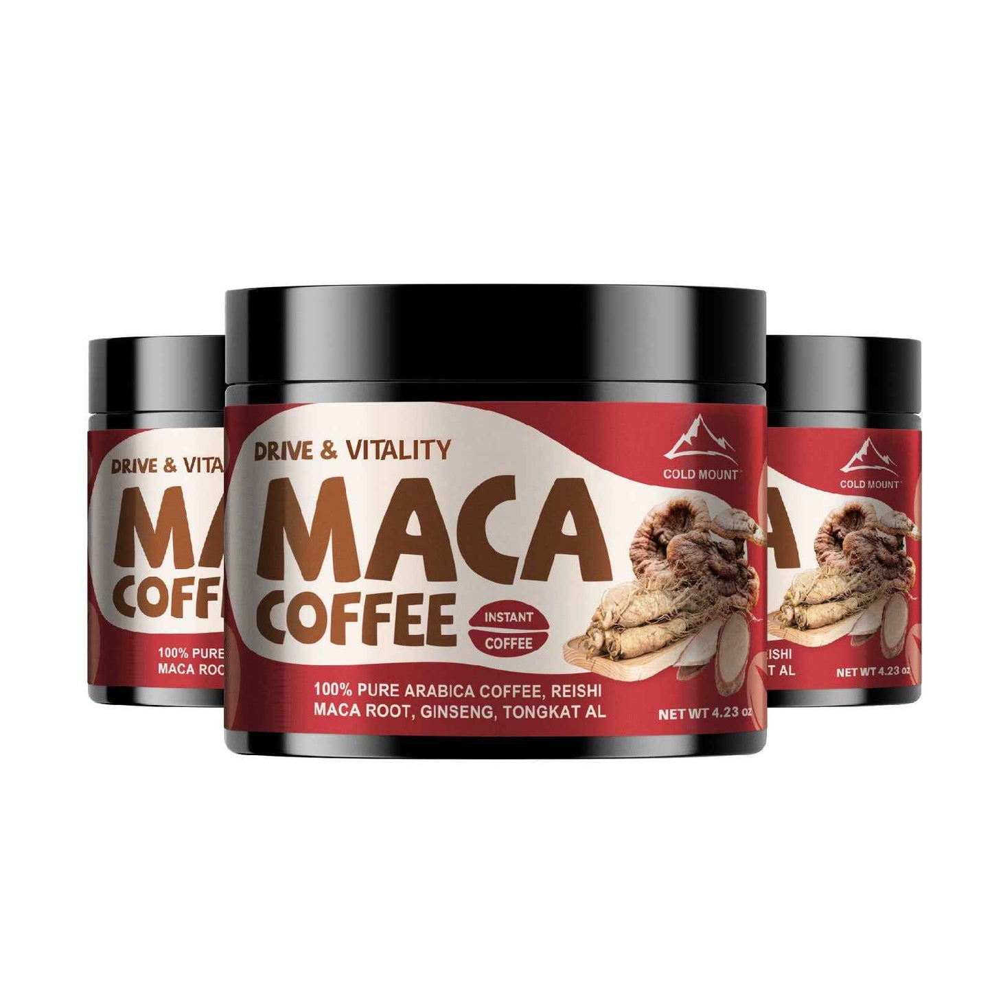 Maca root coffee blend in jars, featuring instant 100% pure Arabica coffee with ginseng and reishi