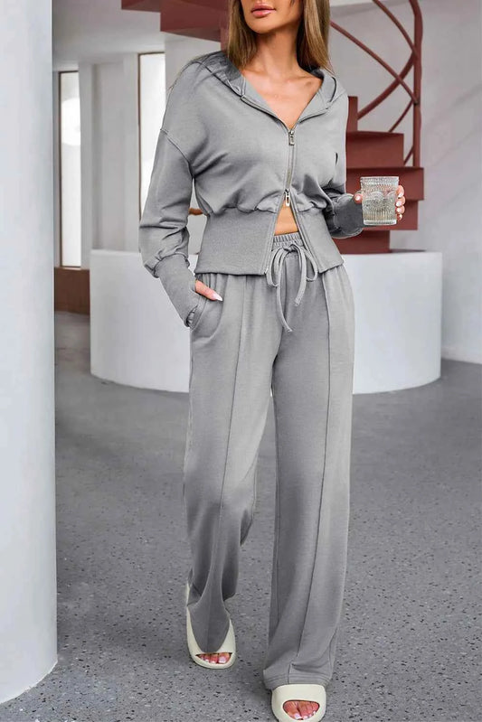 Trendsi comfortable loungewear set in gray featuring a zip-up hoodie and matching pants for relaxed style