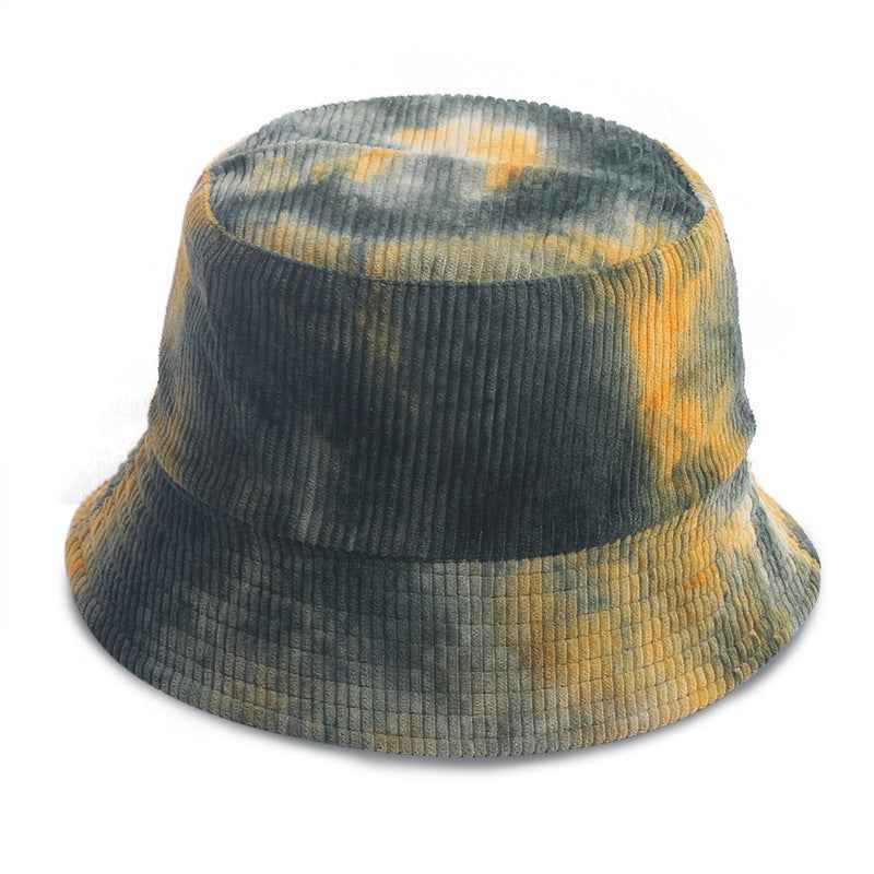 Corduroy tie dye fisherman hat in green and yellow hues for stylish outdoor wear
