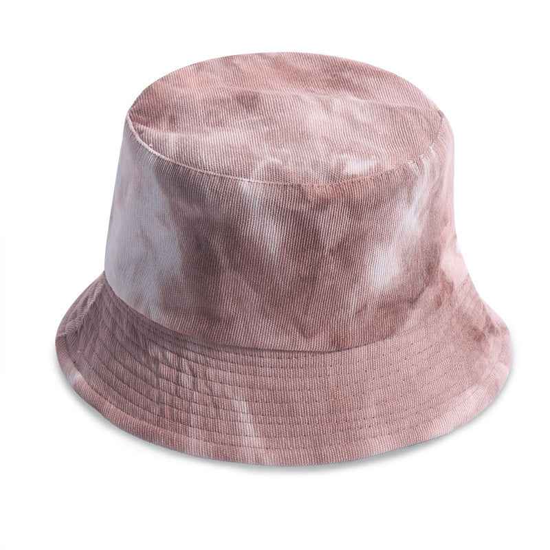 Pink corduroy tie dye fisherman hat with a wide brim for stylish sun protection