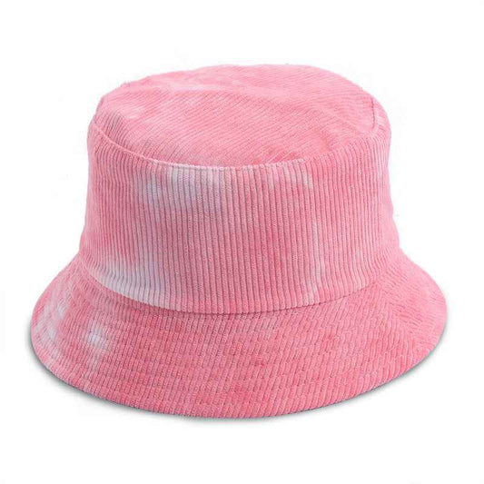 Pink corduroy tie dye fisherman hat with soft texture and bucket design for trendy summer looks