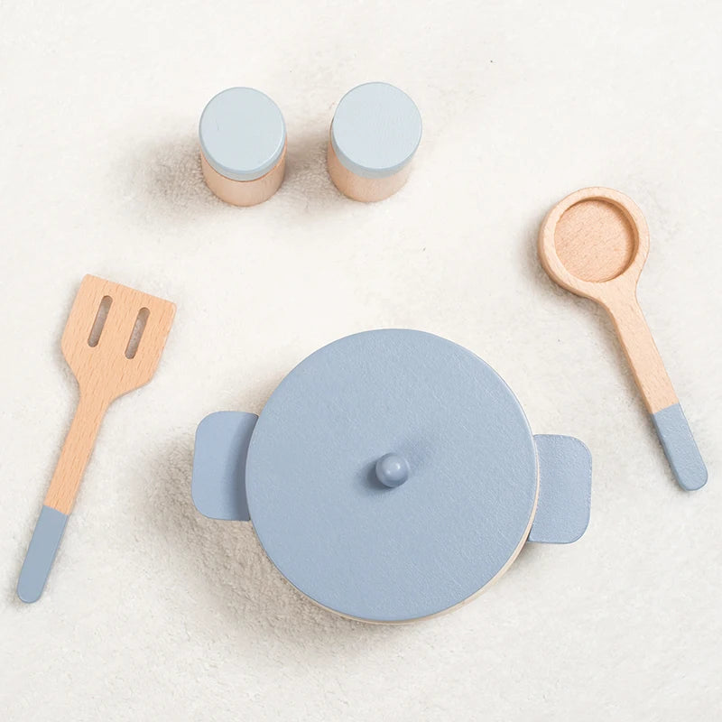 Blue Wooden Role-Play Chef Set for Kids including pot, utensils, and seasoning shakers