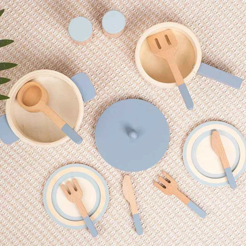 Wooden role-play chef set for kids including pots, utensils, and plates in blue and natural wood
