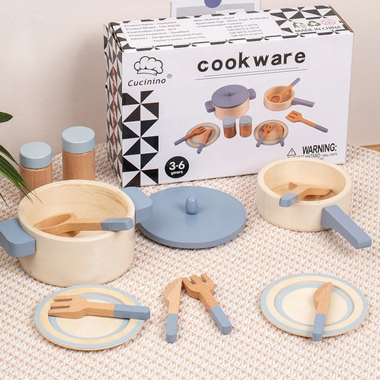 Wooden role-play chef set for kids with pots, utensils, and plates for imaginative play