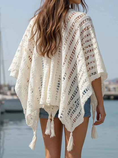 Openwork Tassel Open Front Knit Cover Up