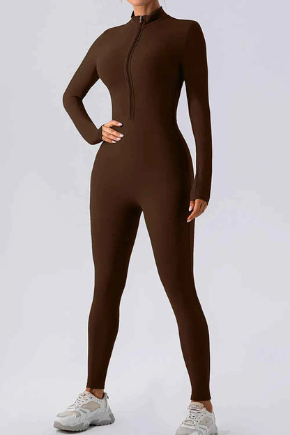 Half Zip Mock Neck Active Jumpsuit Chocolate