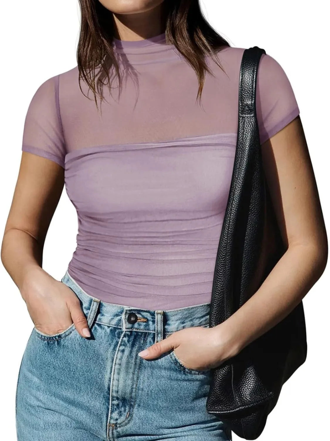 Mesh Mock Neck Short Sleeve T-Shirt