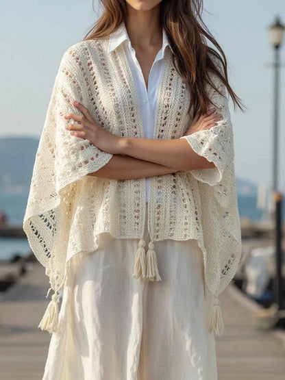 Openwork Tassel Open Front Knit Cover Up