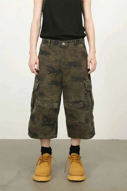 Men's Camouflage Wide Leg Cargo Jeans Green Camouflage