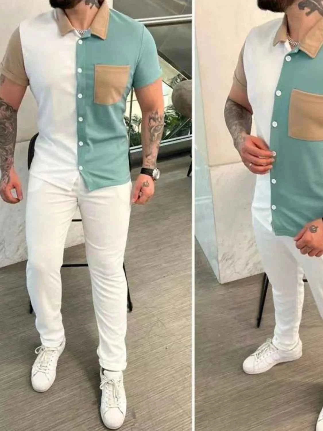 Men's Full Size Button Up Short Sleeve Top and Pants Set Plus Size