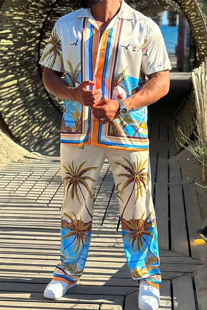 Men's Full Size Printed Short Sleeve Top and Pants Set Plus Size Tan