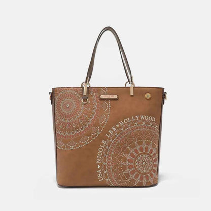 Nicole Lee USA Metallic Stitching Embroidery Inlaid Rhinestone Tote Bag Brown One Size
