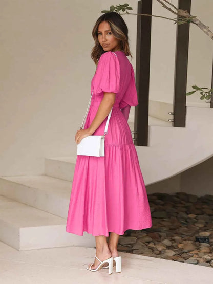 Surplice Half Puff Sleeve Midi Dress