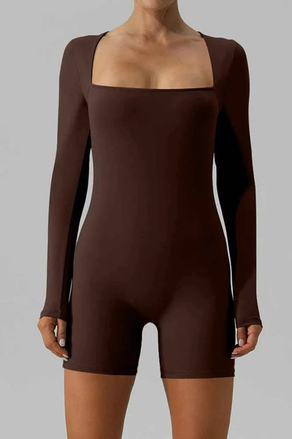Square Neck Long Sleeve Active Romper Brown