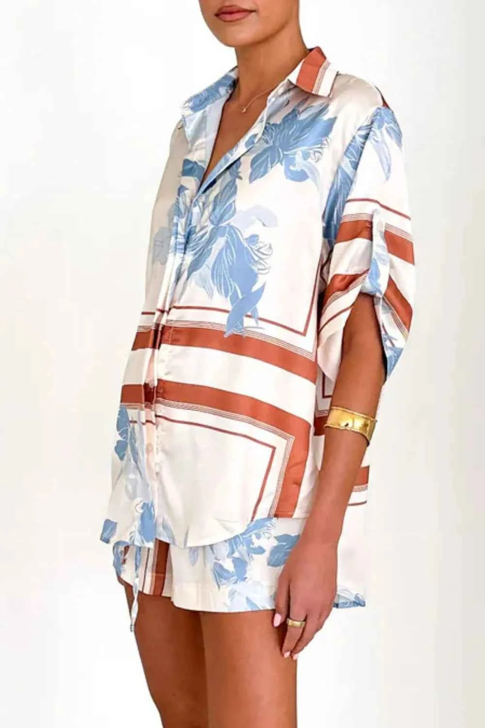Printed Collared Neck Top and Shorts Set