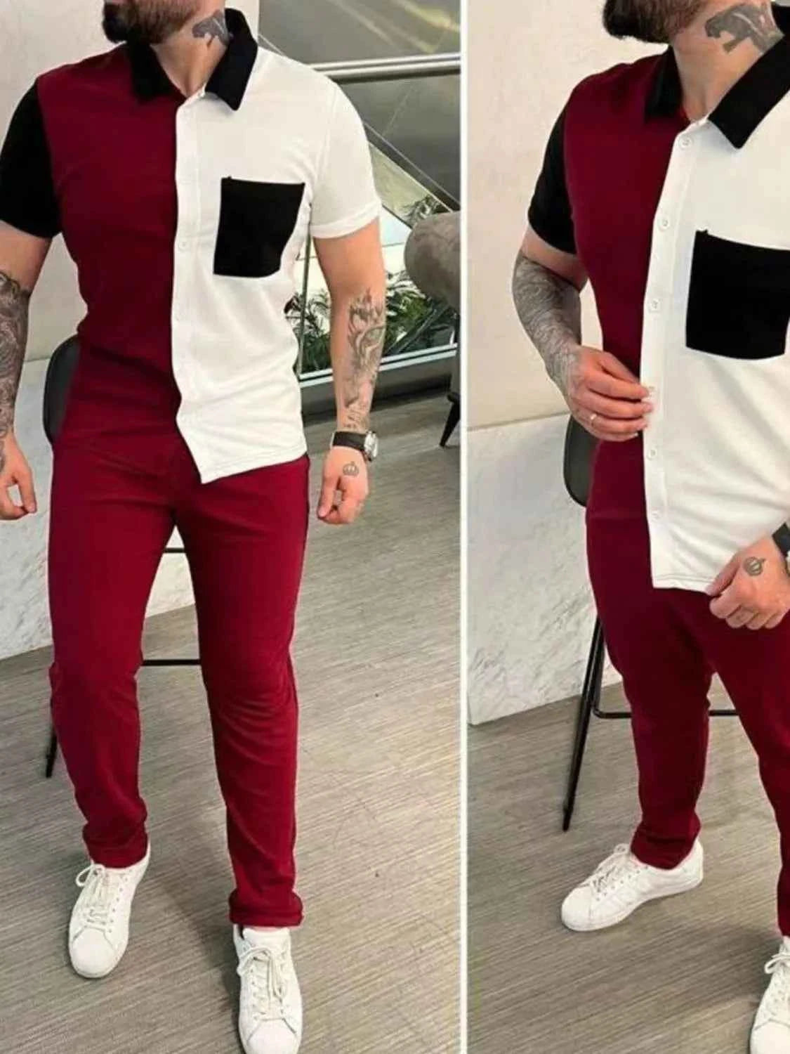 Men's Full Size Button Up Short Sleeve Top and Pants Set Plus Size