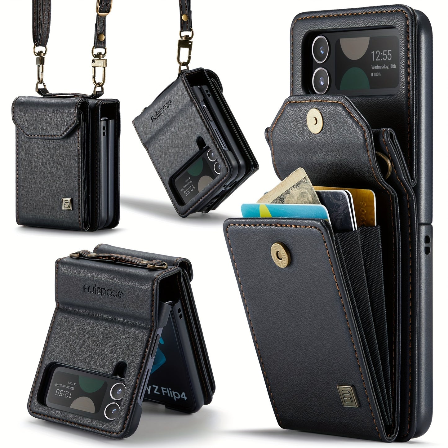 Crossbody Case for Samsung Galaxy Z Flip 3/4/5 - Vintage Faux Leather Strap, Magnetic Closure & Card Holder - Unisex Design in Black Black