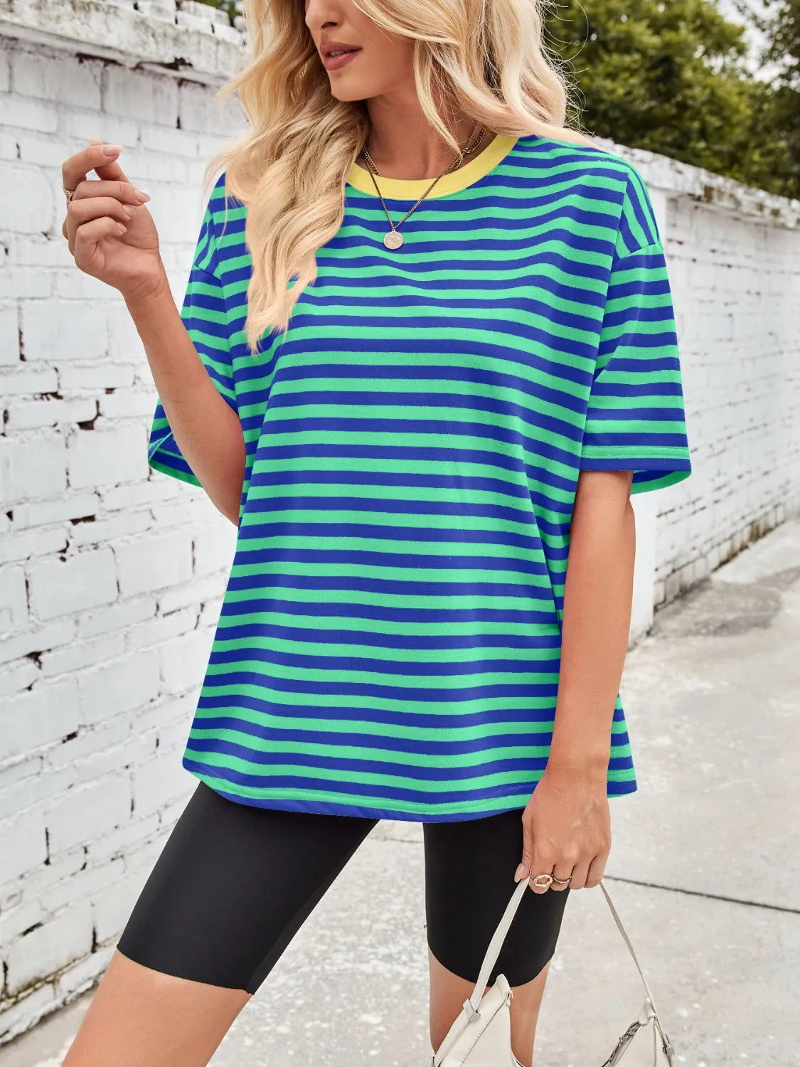 Contrast Striped Round Neck T-Shirt Teal