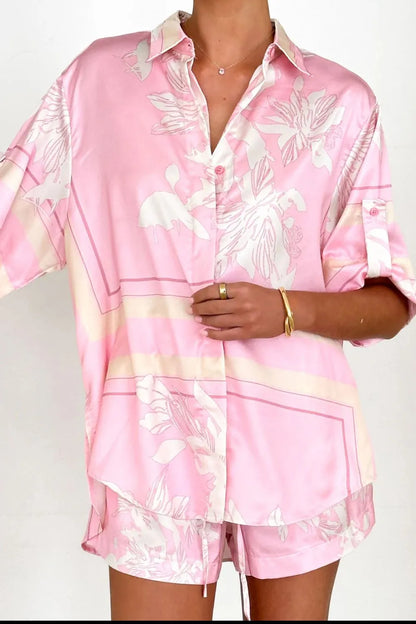 Printed Collared Neck Top and Shorts Set