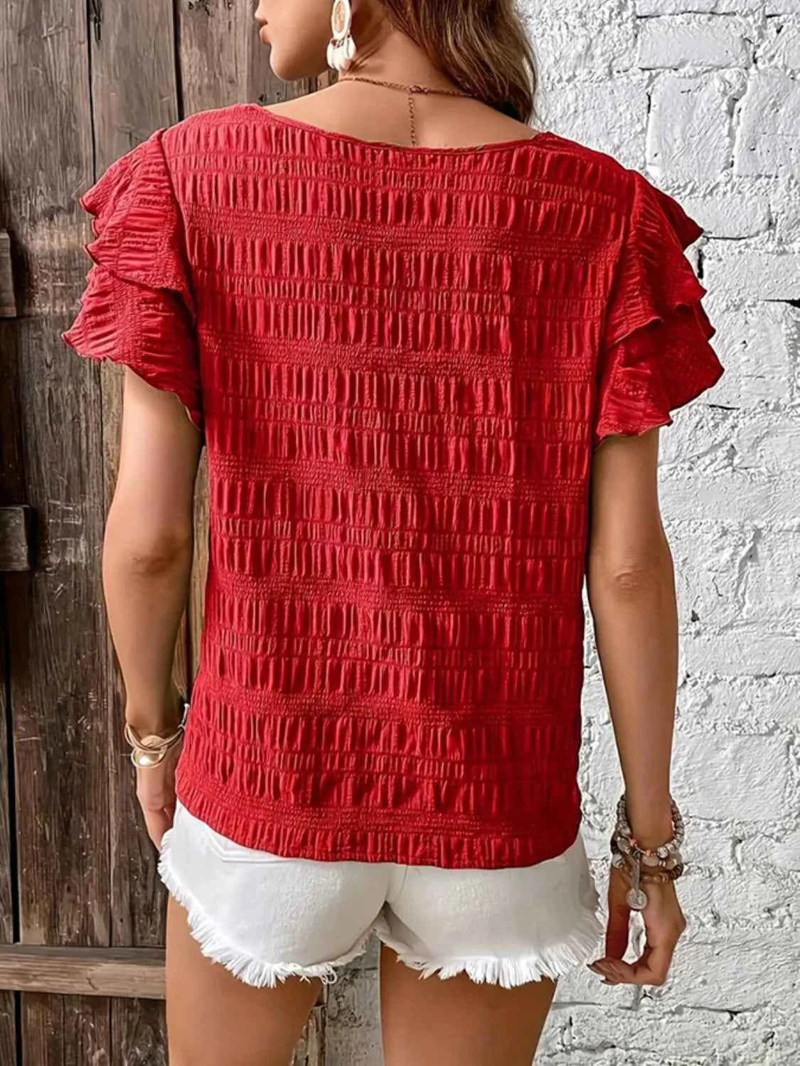 Round Neck Ruffled Short Sleeve Top