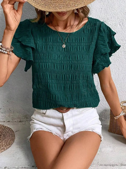 Round Neck Ruffled Short Sleeve Top