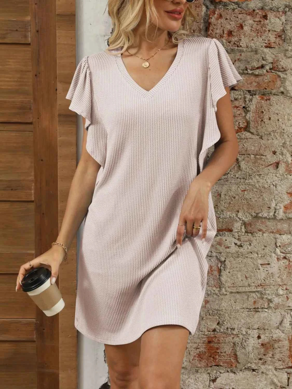 Ruffled V-Neck Cap Sleeve Mini Dress