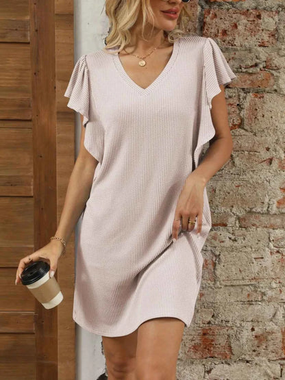 Ruffled V-Neck Cap Sleeve Mini Dress Cream