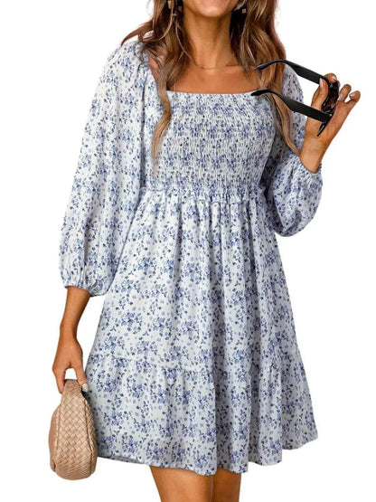 Smocked Floral Square Neck Dress Light Blue