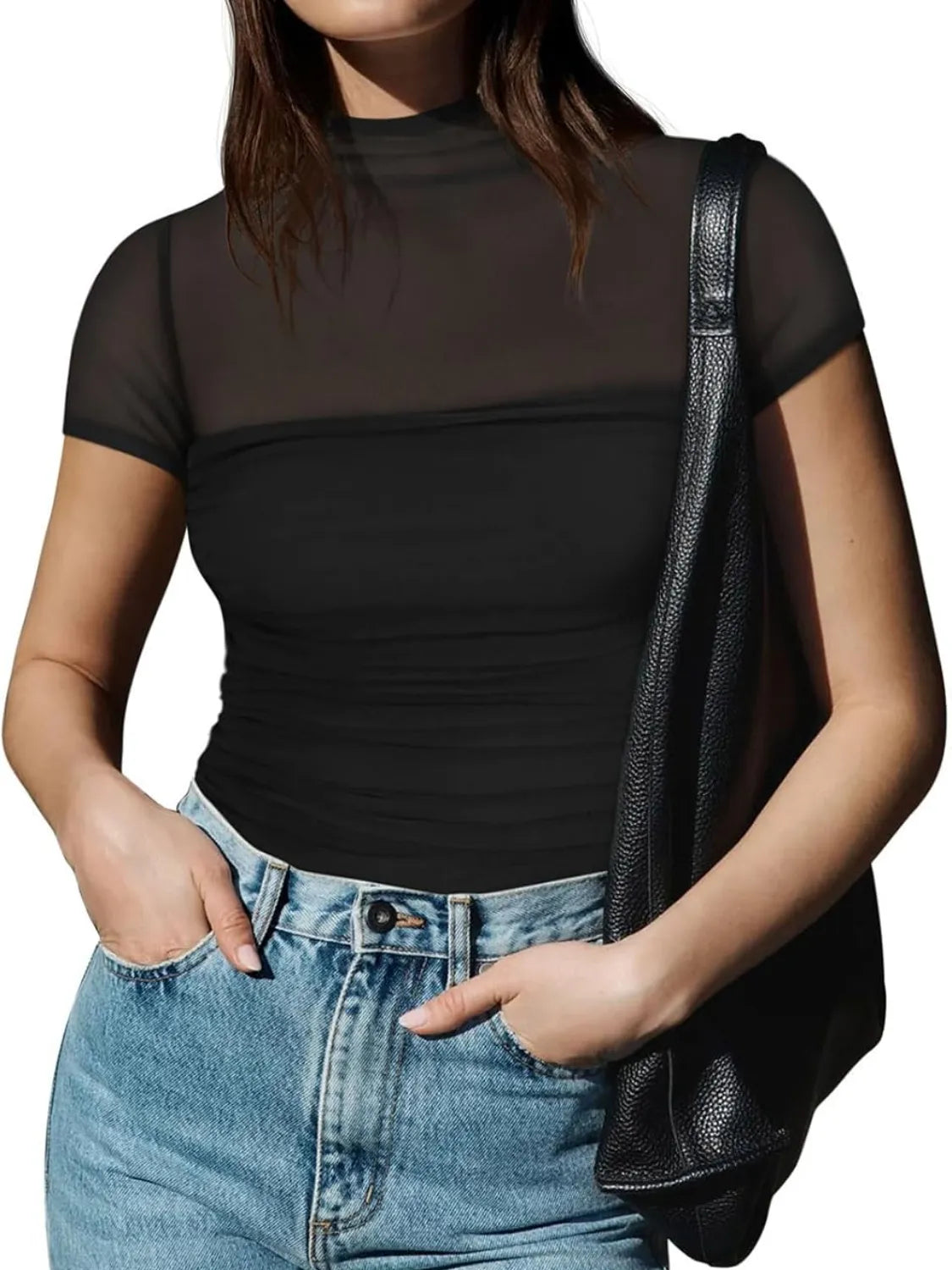 Mesh Mock Neck Short Sleeve T-Shirt