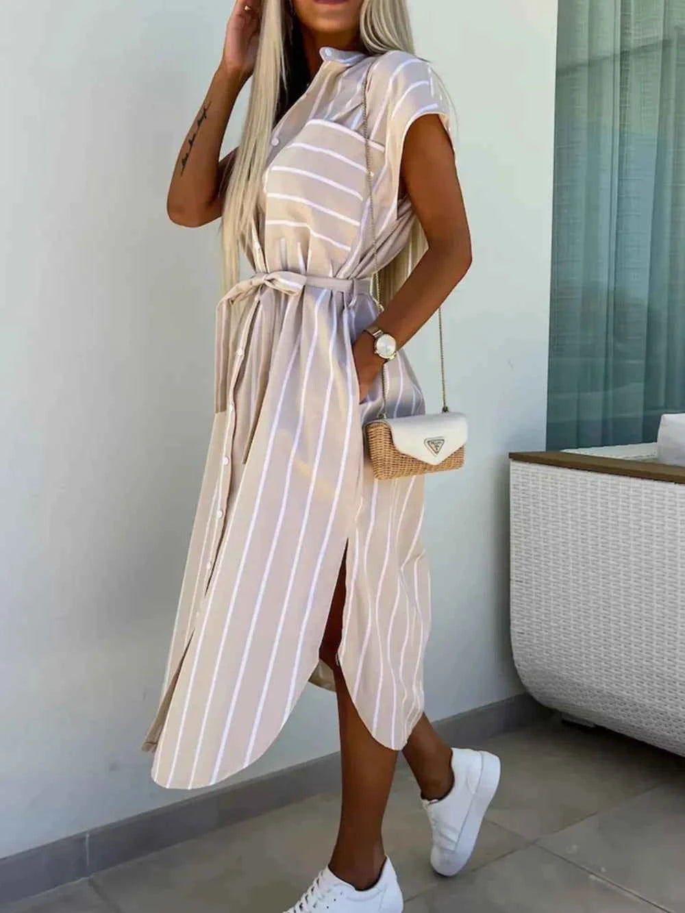 Striped Tie Waist Short Sleeve Dress