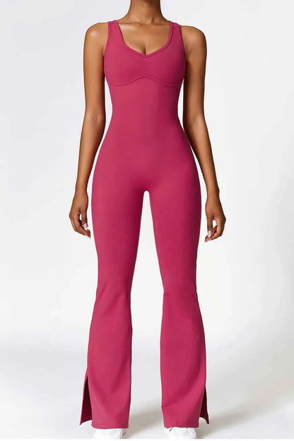 Basic Bae Sleeveless Bootcut Slit Active Jumpsuit Hot Pink