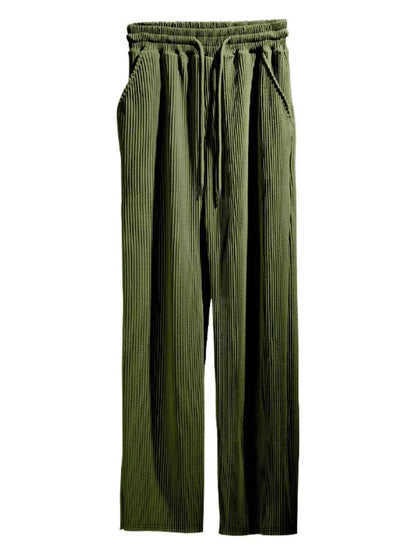 Men's Full Size Ribbed Drawstring Wide Leg Pants with Plus Size Army Green