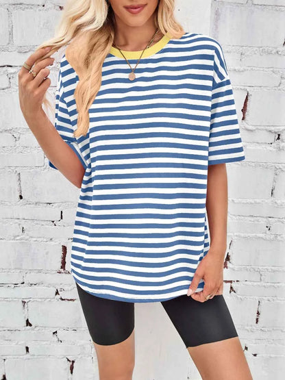 Contrast Striped Round Neck T-Shirt Sky Blue