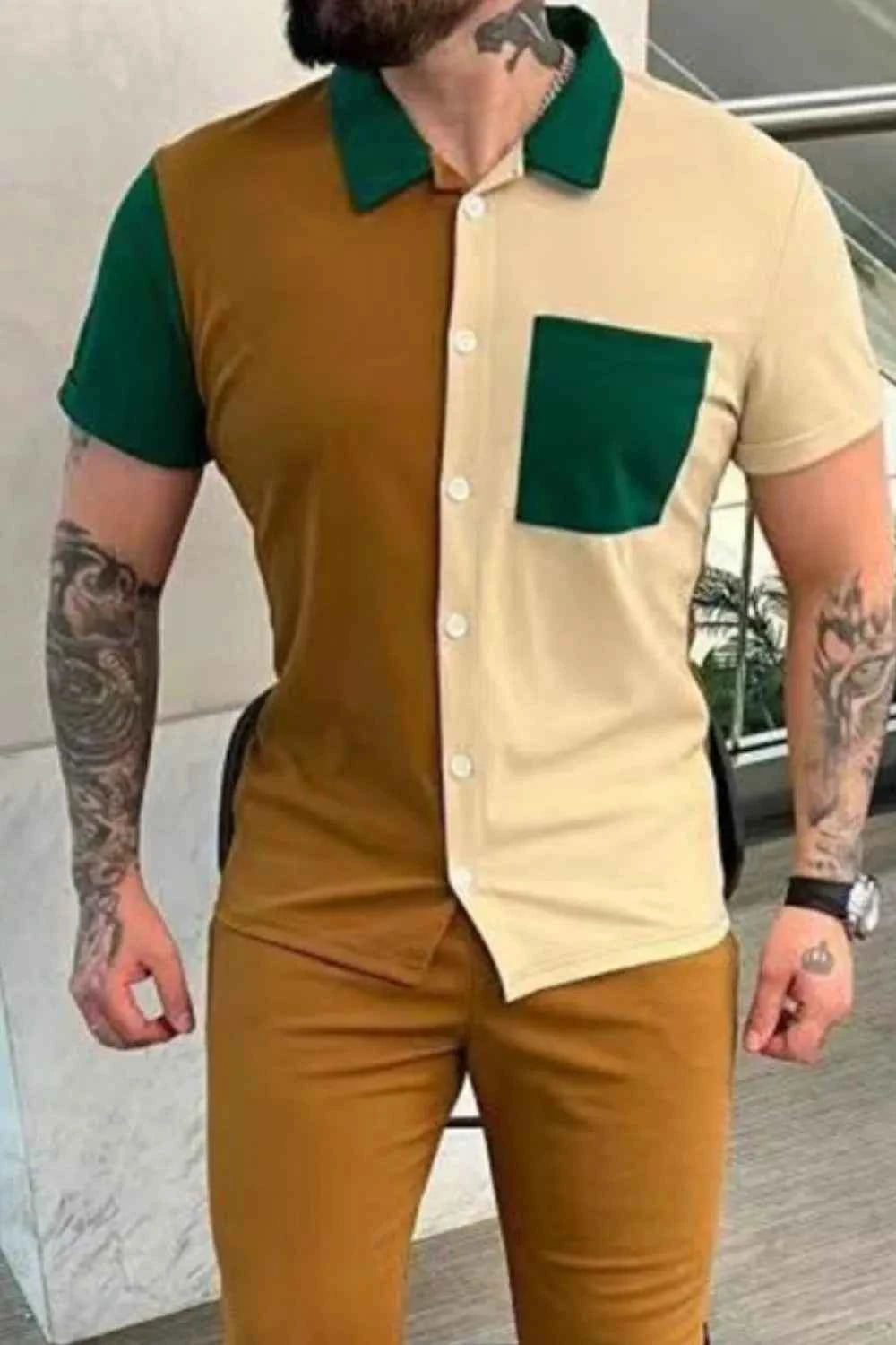 Men's Full Size Button Up Short Sleeve Top and Pants Set Plus Size