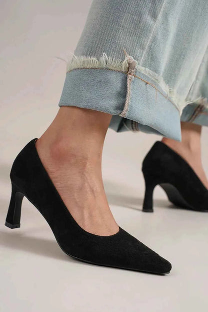 Faux Suede Point Toe Pumps - Trendy Mid Heels for Women Black