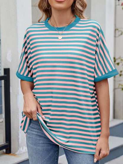 Striped Round Neck Half Sleeve T-Shirt Blush Pink