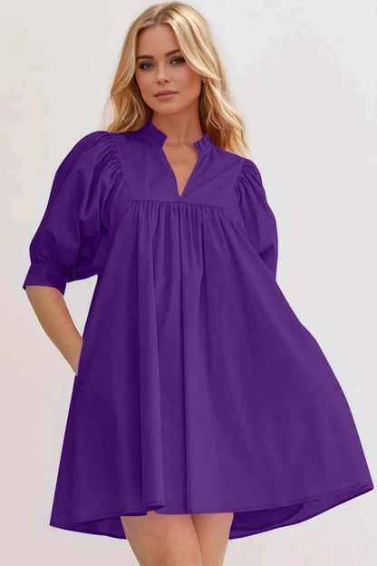 Oh Frill Notched Puff Sleeve Babydoll Mini Dress Purple