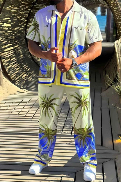 Men's Full Size Printed Short Sleeve Top and Pants Set Plus Size Pastel Yellow