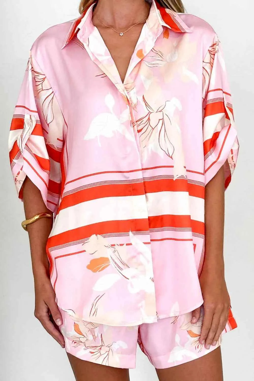 Printed Collared Neck Top and Shorts Set