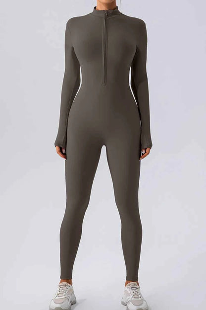 Half Zip Mock Neck Active Jumpsuit Dark Gray