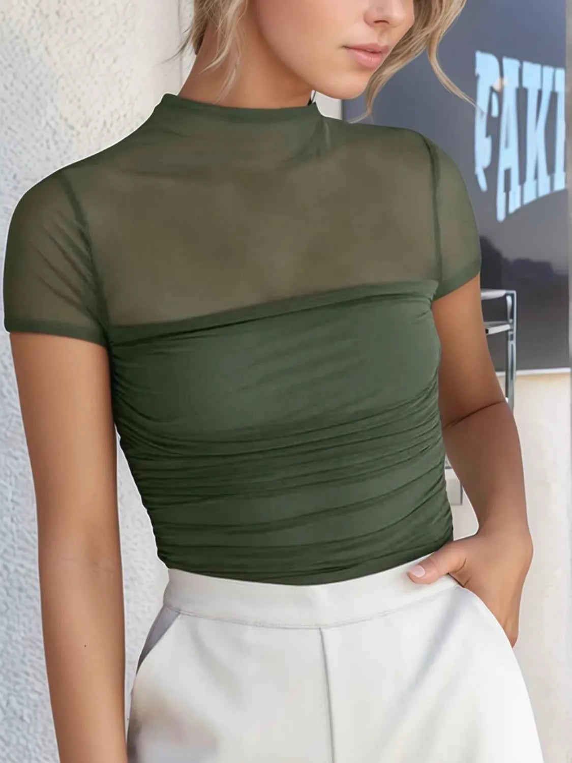 Mesh Mock Neck Short Sleeve T-Shirt Black Forest