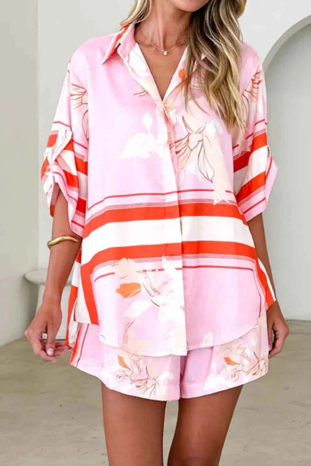 Printed Collared Neck Top and Shorts Set