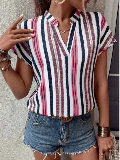 Striped Notched Short Sleeve Shirt Moonlit Mauve