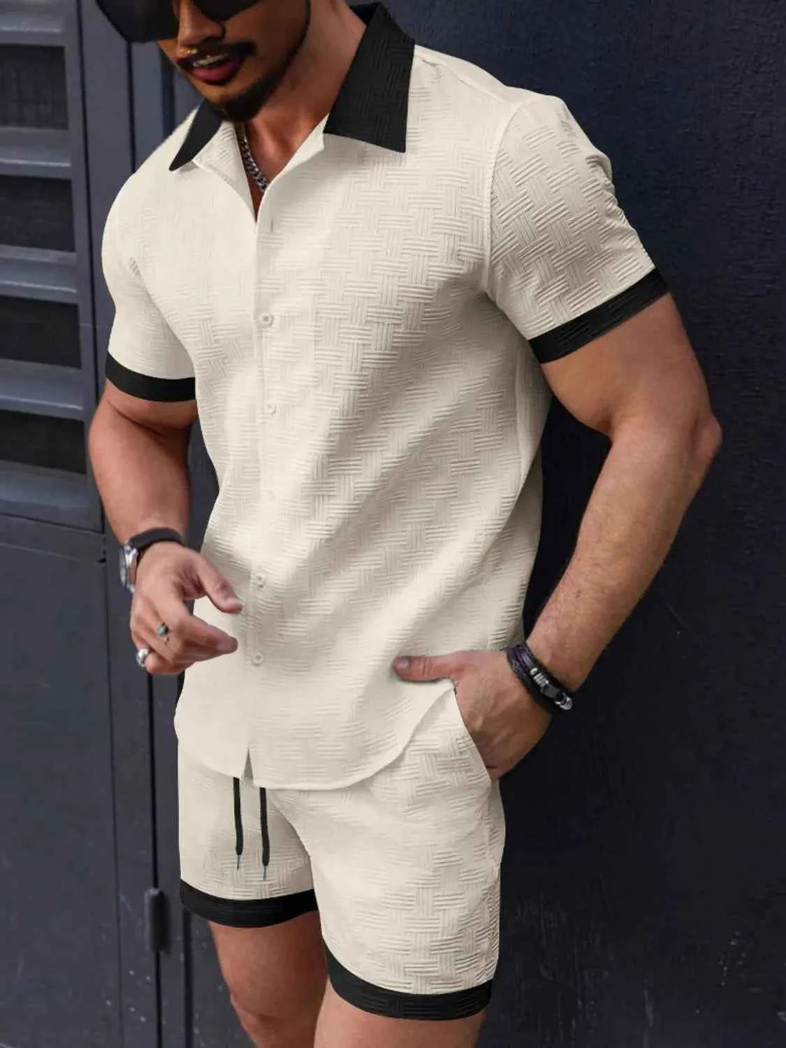 Men's Button Up Short Sleeve Shirt and Shorts Set