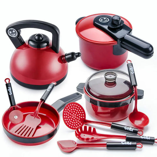 My Store educational cooking set in red featuring pots, pans, and utensils for kids' playtime cooking