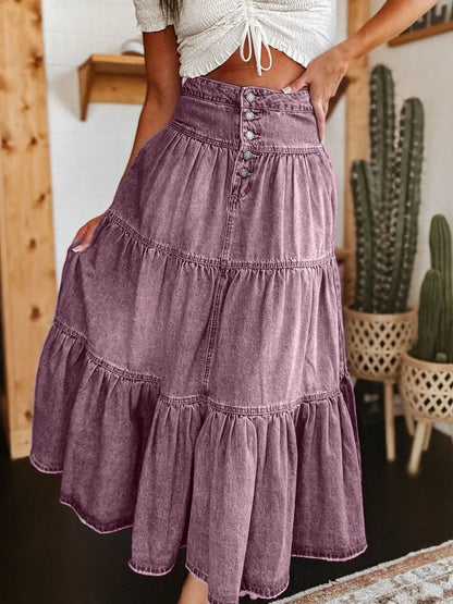 Ruched Button Fly Denim Skirt