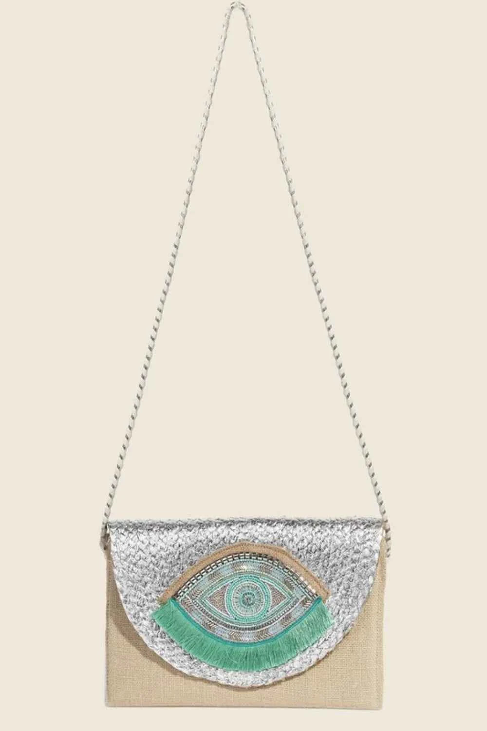 Trendsi eye pattern clutch purse with intricate beadwork and green fringe detail