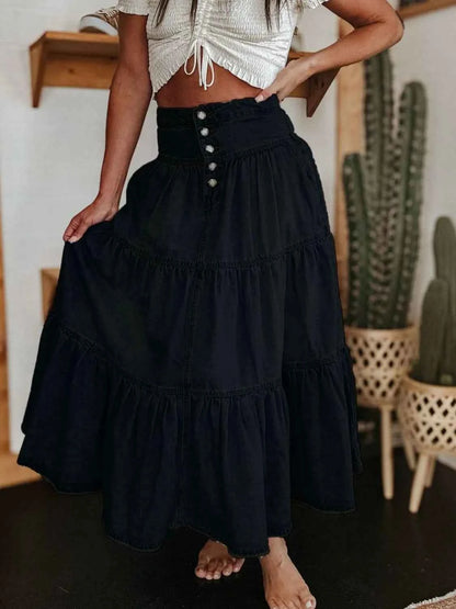 Ruched Button Fly Denim Skirt