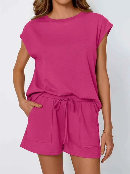 Round Neck Cap Sleeve Top and Shorts Set Deep Rose