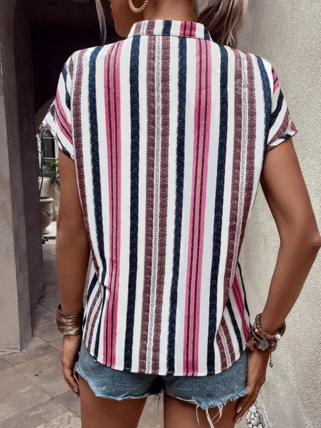 Striped Notched Short Sleeve Shirt